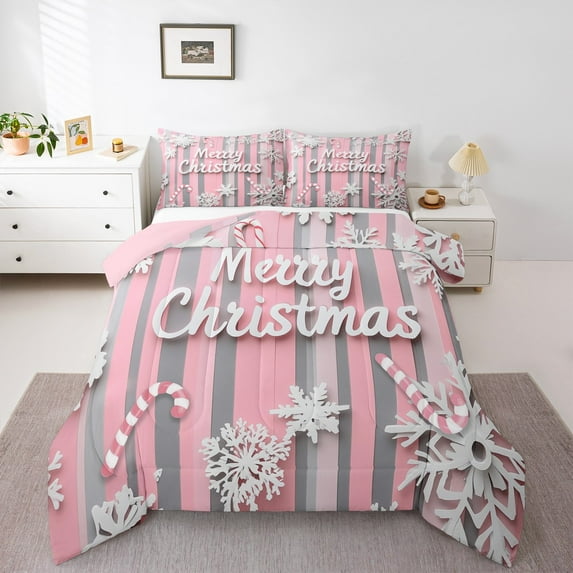 Castle Fairy Merry Christmas Candy Cane 3 Pieces Queen Comforter Set for Teens Girls Boys,Geometric Stripes Ultra Soft Bedding Sets,Happy New Year Bedding Comforter Set,Luxury Bedroom Decor