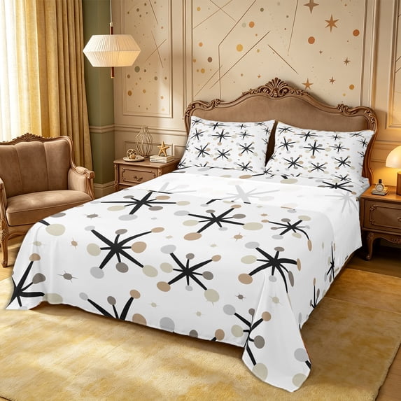 Castle Fairy Mid Century Atomic Star Queen Sheets 4 Pieces,Abstract Round Dot Queen Sheet Sets,Taupe Gray White,1 Flat Sheet, 1 Fitted Sheet and 2 Pillowcases