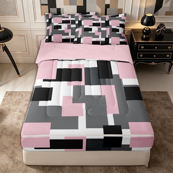 Castle Fairy Mid Century Block Print Zipper Twin Comforter Sets with Fitted Sheet and 2 Pillowcases,Minimalism Square Motif Zipper Bedding Set,Pink Black Gray,Reversible