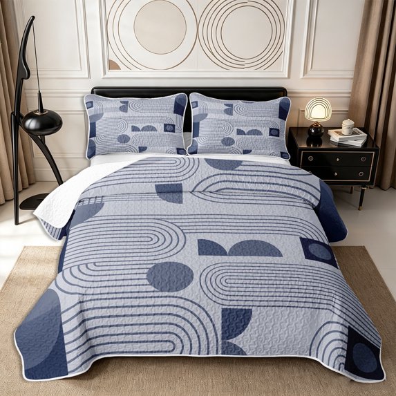 Castle Fairy Mid Century Curved Line Graphic Twin Quilt Set 2 Pieces,Geometric Semi-Circle Square Twin Coverlet Set,Pale Slate Navy,1 Bedspread and 1 Pillowcase
