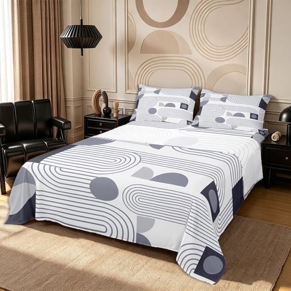 Castle Fairy Mid Century Curved Line Queen Sheets 4 Pieces,Geometric Semi-Circle Square Combo Queen Sheet Sets,Gray Off-White,1 Flat Sheet, 1 Fitted Sheet and 2 Pillowcases