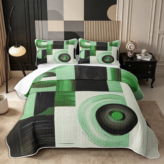 Castle Fairy Mid Century Curved Ring Bed Spread Queen 3pcs,Abstract Square Block Queen Coverlet Set,Mint Green Black,1 Quilt and 2 Pillowcases