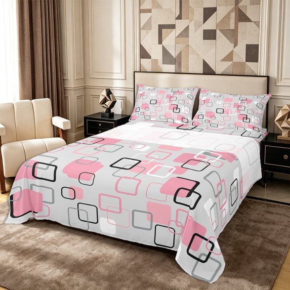 Castle Fairy Mid Century Floating Square Queen Sheets 4 Pieces,Abstract Hollow Frame Queen Sheet Sets,Pink Gray,1 Flat Sheet, 1 Fitted Sheet and 2 Pillowcases