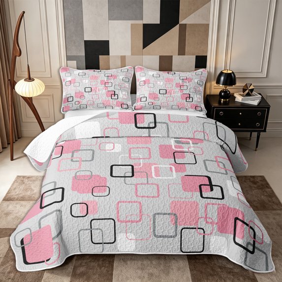 Castle Fairy Mid Century Floating Square Twin Quilt Set 2 Pieces,Abstract Hollow Frame Twin Coverlet Set,Pink Gray,1 Bedspread and 1 Pillowcase
