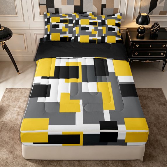 Castle Fairy Mid Century Geometric Block Zipper Queen Comforter Set with Fitted Sheet and 2 Pillowcases,Abstract Square Layout Zipper Bedding Set,Yellow Black Gray,Reversible