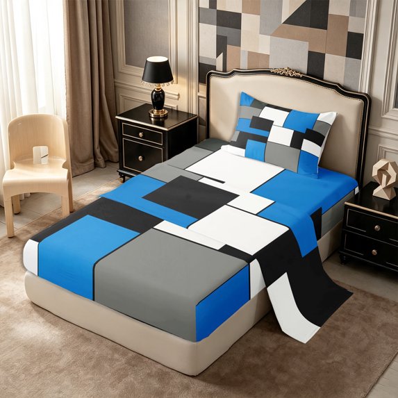 Castle Fairy Mid Century Geometric Panel Twin Sheets 3pcs,Minimalism Solid Block Bedding,Blue Gray Black,1 Flat Sheet, 1 Fitted Sheet and 1 Pillowcase