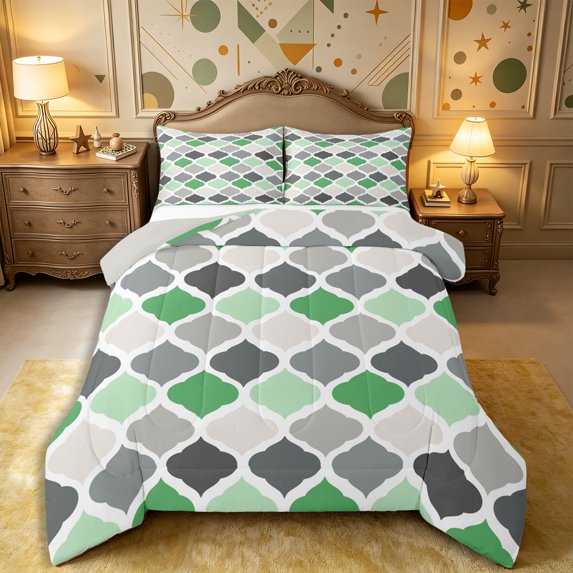 Castle Fairy Mid Century Geometric Quatrefoil Queen Comforter Set 3 Pieces,Abstract Grid Motif Comforter Sets Queen,Green Gray Offwhite,Reversible,1 Comforter and 2 Pillowcases