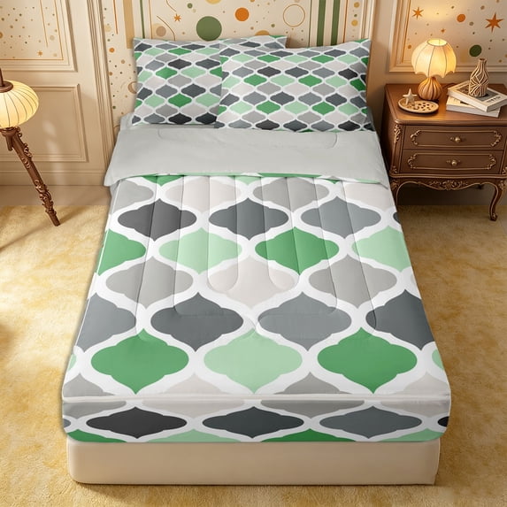 Castle Fairy Mid Century Geometric Quatrefoil Zipper Queen Comforter Set with Fitted Sheet and 2 Pillowcases,Abstract Grid Motif Zipper Bedding Set,Green Gray Offwhite,Reversible