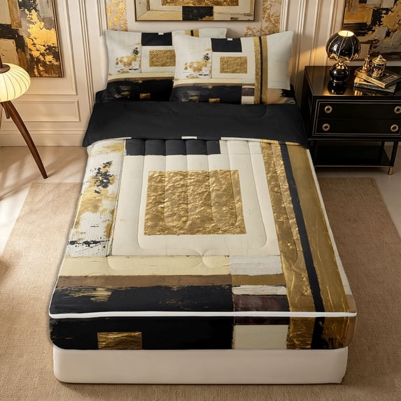 Castle Fairy Mid Century Gold Square Relief Zipper Twin Comforter Sets with Fitted Sheet and 2 Pillowcases,Abstract Textured Brush Splash Zipper Bedding Set,Black Cream,Reversible