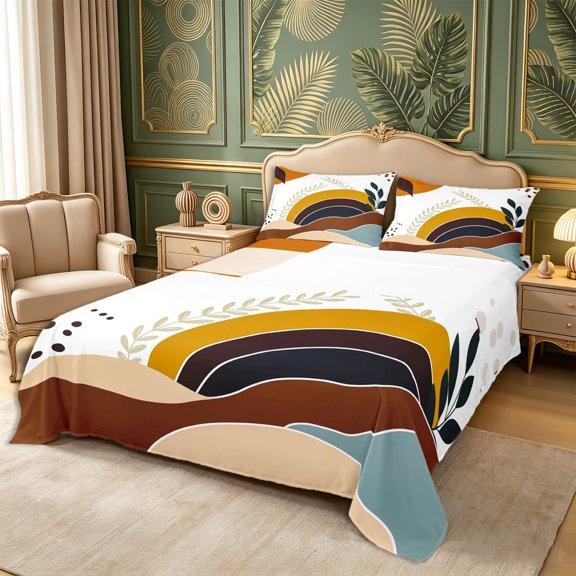Castle Fairy Mid Century Layered Hill Bed Sheets 4-Piece,Abstract Leaf Silhouette Full Size Sheets,Ochre Teal Brown,1 Flat Sheet, 1 Fitted Sheet and 2 Pillowcases