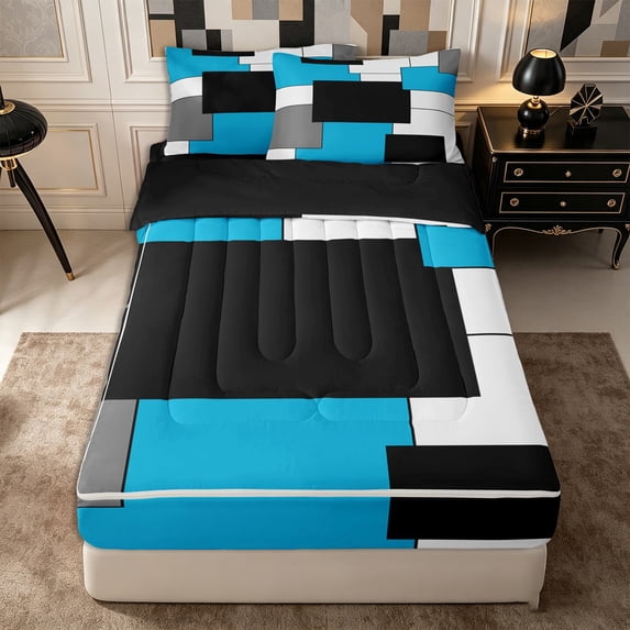 Castle Fairy Mid Century Overlap Rectangle Zipper Queen Comforter Set with Fitted Sheet and 2 Pillowcases,Geometric Solid Block Zipper Bedding Set,Cyan Gray Black White,Reversible