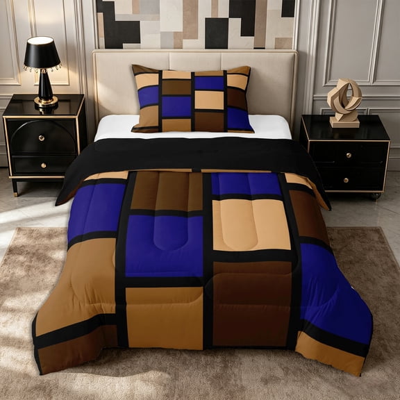 Castle Fairy Mid Century Square Block Twin Comforter Sets 2pcs,Minimalist Vertical Grid Bedding Set,Navy Taupe Black,Reversible,1 Comforter and 1 Pillowcase