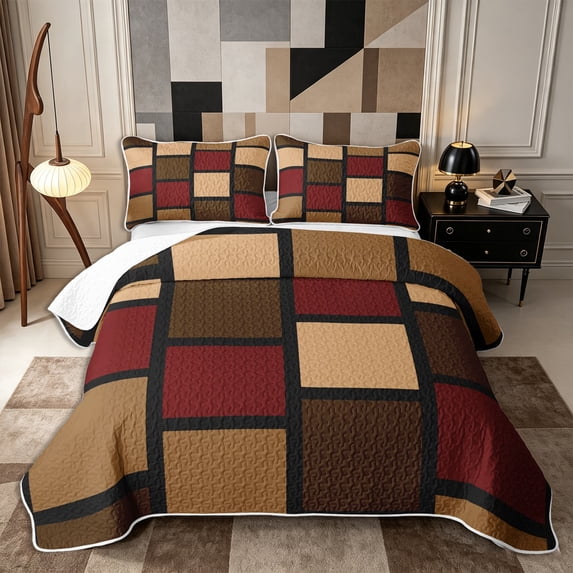 Castle Fairy Mid Century Square Block Twin Quilt Set 2 Pieces,Minimalist Vertical Grid Twin Coverlet Set,Burgundy Tan Black,1 Bedspread and 1 Pillowcase