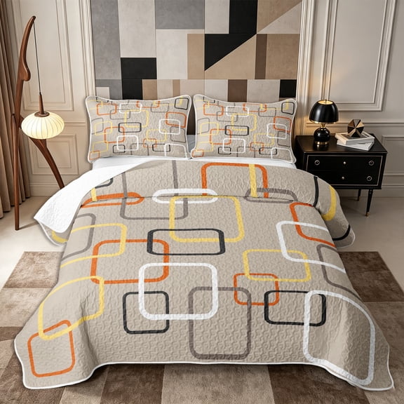 Castle Fairy Mid Century Square Frame Bed Spread Queen 3pcs,Retro Overlapping Geometric Queen Coverlet Set,Taupe Orange Yellow,1 Quilt and 2 Pillowcases