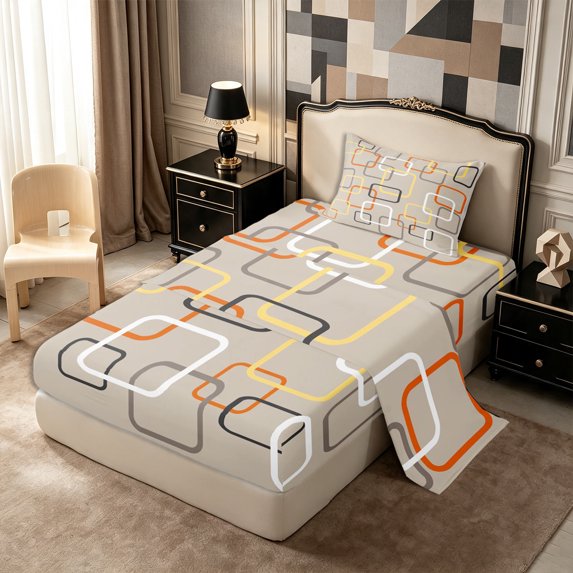 Castle Fairy Mid Century Square Frame Twin Sheets 3pcs,Retro Overlapping Geometric Bedding,Taupe Orange Yellow,1 Flat Sheet, 1 Fitted Sheet and 1 Pillowcase