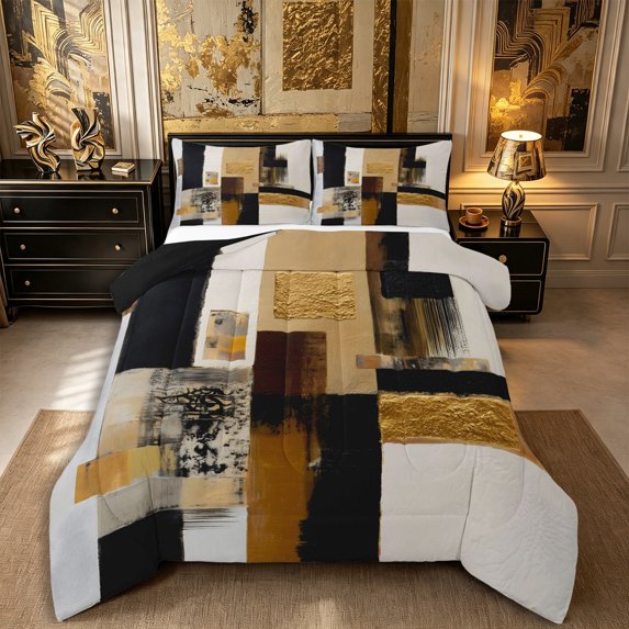 Castle Fairy Mid Century Textured Square Queen Comforter Set 3 Pieces,Abstract Graffiti Comforter Sets Queen,Gold Black Ivory,Reversible,1 Comforter and 2 Pillowcases