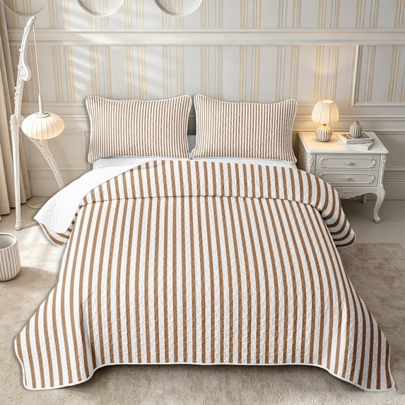 Castle Fairy Mid Century Thin Stripe Bed Spread Queen 3pcs,Retro Vertical Pattern Queen Coverlet Set,White Walnut Brown,1 Quilt and 2 Pillowcases