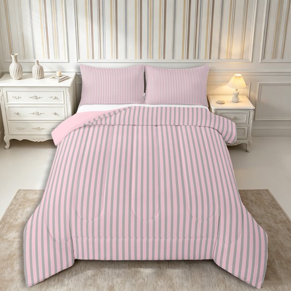 Castle Fairy Mid Century Thin Stripe Full Size Comforter Sets 3-Piece,Retro Vertical Pattern Bedding Comforter Set,Pink Gray,Reversible,1 Comforter and 2 Pillowcases