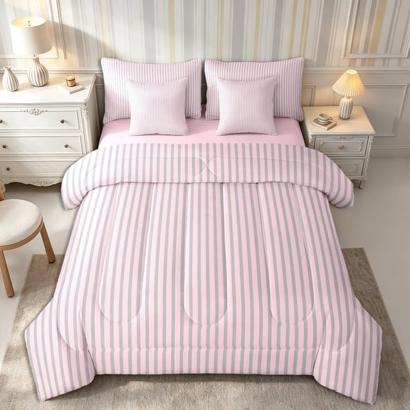 Castle Fairy Mid Century Thin Stripe King Bedding 7pcs,Retro Vertical Pattern King Bed in a Bag,Pink Gray,Reversible