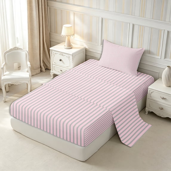 Castle Fairy Mid Century Thin Stripe Twin Sheets 3pcs,Retro Vertical Pattern Bedding,Pink Gray,1 Flat Sheet, 1 Fitted Sheet and 1 Pillowcase