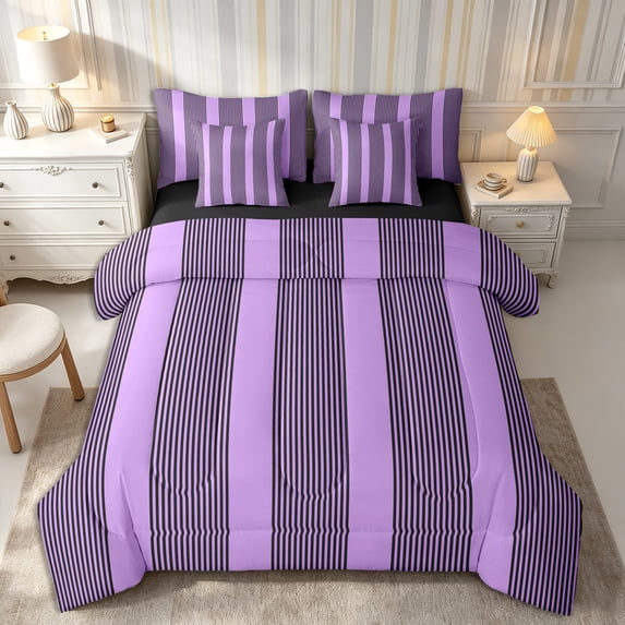 Castle Fairy Mid Century Thin Vertical Stripe Queen Bedding 7pcs,Retro Wide Band Bedding Comforter Set Queen,Black Lavender,Reversible