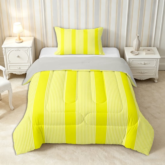 Castle Fairy Mid Century Thin Vertical Stripe Twin Comforter Sets 2pcs,Retro Wide Band Bedding Set,Yellow White,Reversible,1 Comforter and 1 Pillowcase