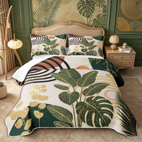 Castle Fairy Mid Century Tropical Leaf Quilt Full 3-Piece,Abstract Curved Line Full Bedspread Sets,Olive Gold Cream,1 Coverlet and 2 Pillowcases