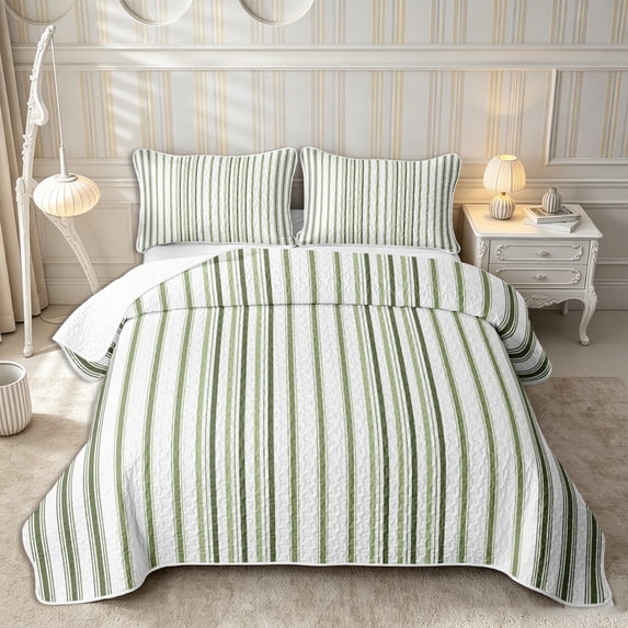 Castle Fairy Mid Century Vertical Stripe Twin Quilt Set 2 Pieces,Geometric Thin Line Twin Coverlet Set,Olive Sage White,1 Bedspread and 1 Pillowcase