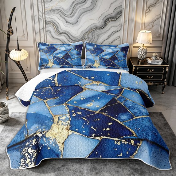 Castle Fairy Mid Century Watercolor Marble Twin Quilt Set 2 Pieces,Vintage Crack Fragment Twin Coverlet Set,Sapphire Sky Gold,1 Bedspread and 1 Pillowcase