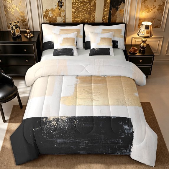 Castle Fairy Mid Century Watercolor Rectangle Full Size Bedding Sets 7 Pieces,Minimalist Retro Aesthetics Full Size Bed in a Bag,Beige Black Gold,Reversible