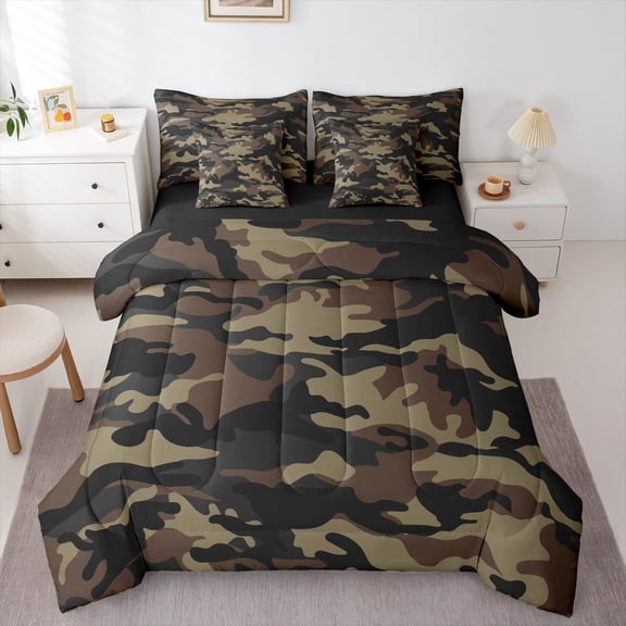 Castle Fairy Camouflage 7pcs Bedding Comforter Set for Teens,Black Brown Queen Bedding Sets Super Cozy,Abstract Camo Queen Sheet Sets,Luxury Bedroom Decor