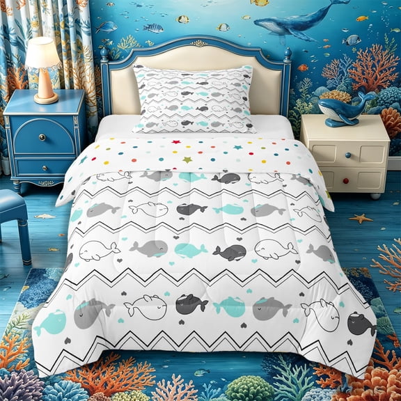 Castle Fairy Minimal Baby Whale Zigzag Twin Comforter Sets 2pcs,Tiny Heart Nautical Seamless Tile Bedding Set,Gray Aqua,Reversible,1 Comforter and 1 Pillowcase