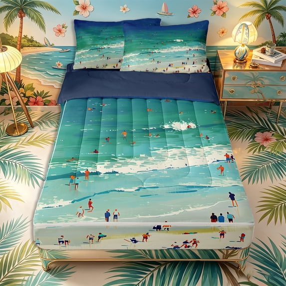 Castle Fairy Minimal Beach Swimmers Zipper Queen Comforter Set with Fitted Sheet and 2 Pillowcases,Coastal Shoreline People Print Zipper Bedding Set,Teal Cream,Navy Blue Reversible,4 Pieces
