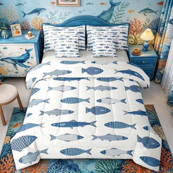 Castle Fairy Minimal Blue Fish Full Size Bedding Sets 7 Pieces,Simple Scale Freshwater Repeat Pattern Full Size Bed in a Bag,Navy Cream,Grey Reversible