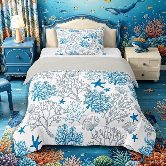 Castle Fairy Minimal Line Coral Shell Tile Twin Comforter Sets 2pcs,Blue Starfish Monochrome Seamless Print Bedding Set,Navy White,Grey Reversible,1 Comforter and 1 Pillowcase