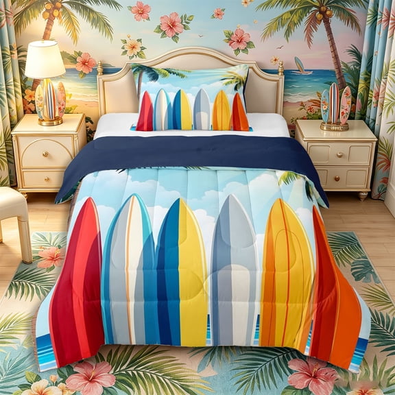 Castle Fairy Minimal Solid Surfboard Twin Comforter Sets 2pcs,Palm Tree Sun Ray Graphic Bedding Set,Red Yellow,Navy Blue Reversible,1 Comforter and 1 Pillowcase