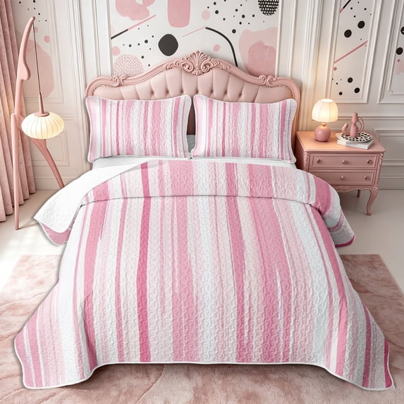 Castle Fairy Minimal Stripe Print Bed Spread Queen 3pcs,Watercolor Geometric Lines Queen Coverlet Set,Pink White,1 Quilt and 2 Pillowcases