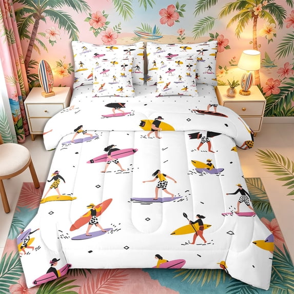 Castle Fairy Minimal Surfer Character 7-Piece Twin Bedding,Colorful Surf Board Seamless Bedding Comforter Set,Pink Yellow,Reversible
