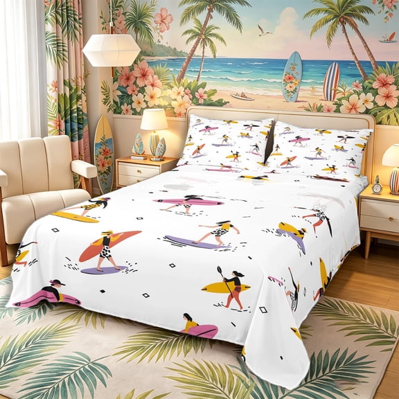 Castle Fairy Minimal Surfer Character Bed Sheets 4-Piece,Colorful Surf Board Seamless Full Size Sheets,Pink Yellow,1 Fitted Sheet,1 Flat Sheet and 2 Pillowcases