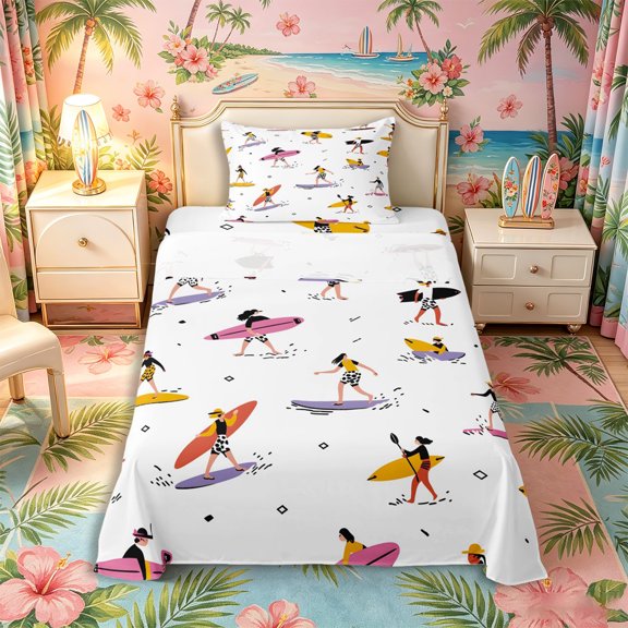 Castle Fairy Minimal Surfer Character Twin Sheets 3pcs,Colorful Surf Board Seamless Bedding,Pink Yellow,1 Fitted Sheet,1 Flat Sheet and 1 Pillowcase