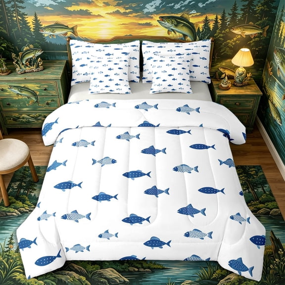 Castle Fairy Minimal Two-Tone Blue Fish Queen Bedding 7pcs,Small Scale Monochrome Aquatic Repeat Tile Bedding Comforter Set Queen,Navy White,Grey Reversible