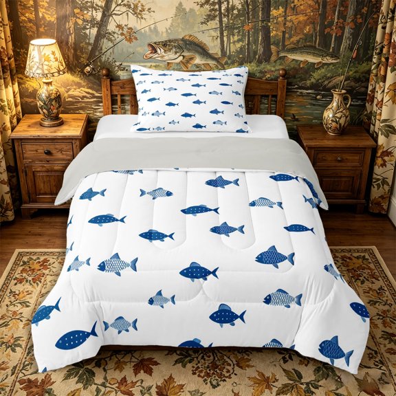 Castle Fairy Minimal Two-Tone Blue Fish Twin Comforter Sets 2pcs,Small Scale Monochrome Aquatic Repeat Tile Bedding Set,Navy White,Grey Reversible,1 Comforter and 1 Pillowcase