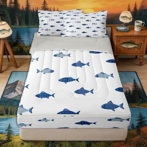 Castle Fairy Minimal Two-Tone Blue Fish Zipper Queen Comforter Set with Fitted Sheet and 2 Pillowcases,Small Scale Monochrome Aquatic Repeat Tile Zipper Bedding Set,Navy White,Reversible,4 Pieces