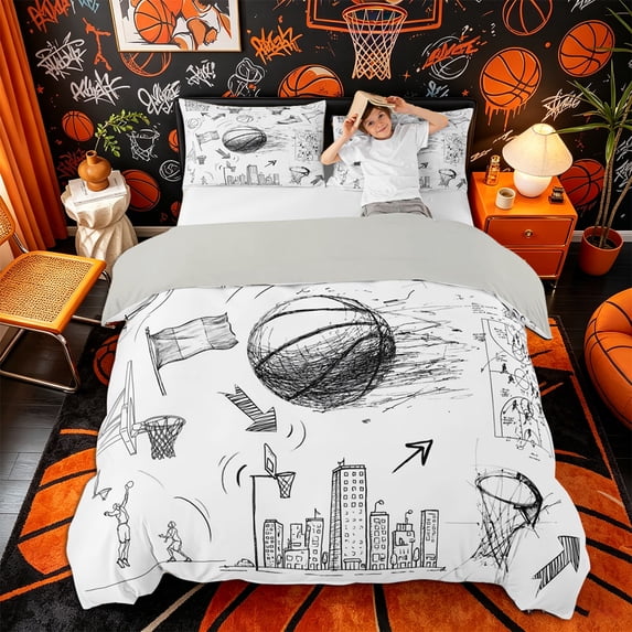 Castle Fairy Minimalism Basketball Bedding, Sport Graffiti Duvet Cover Full, Black White,Grey Reversible,3pcs,1 Duvet Cover and 2 Pillowcases