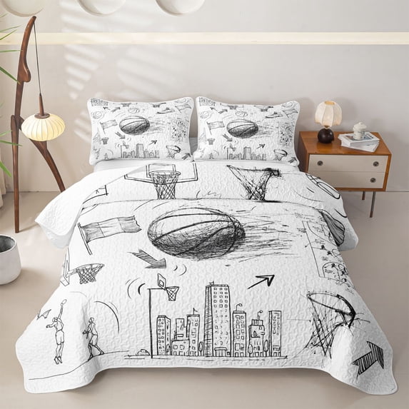 Castle Fairy Minimalism Basketball Quilt King,Sport Graffiti King Coverlet Set,Black White