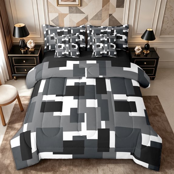 Castle Fairy Minimalism Block Shape Queen Bedding 7pcs,Mid Century Square Motif Bedding Comforter Set Queen,Black Gray White,Reversible