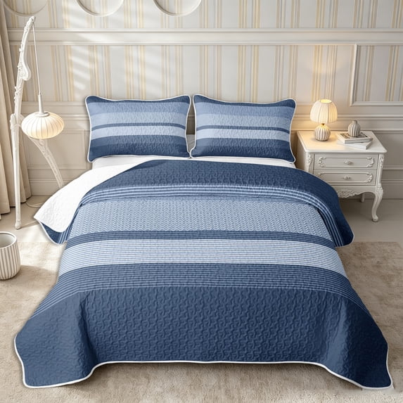 Castle Fairy Minimalism Linear Stripe Bed Spread Queen 3pcs,Abstract Wavy Band Queen Coverlet Set,Navy Light Blue,1 Quilt and 2 Pillowcases