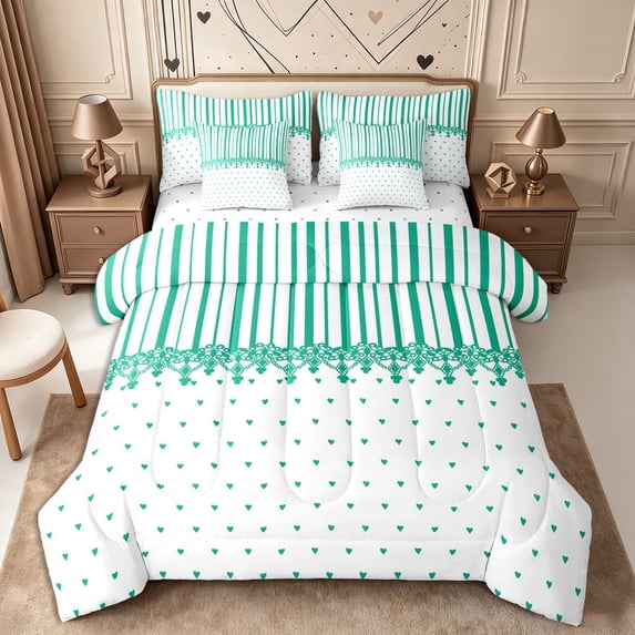 Castle Fairy Minimalism Linear Stripes King Bedding 7pcs,Retro Lace Border King Bed in a Bag,Teal Green White,Reversible