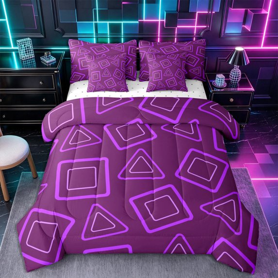 Castle Fairy Minimalism Outline Square Queen Bedding 7pcs,Abstract Triangle Outline Bedding Comforter Set Queen,Violet Dark Purple,Reversible