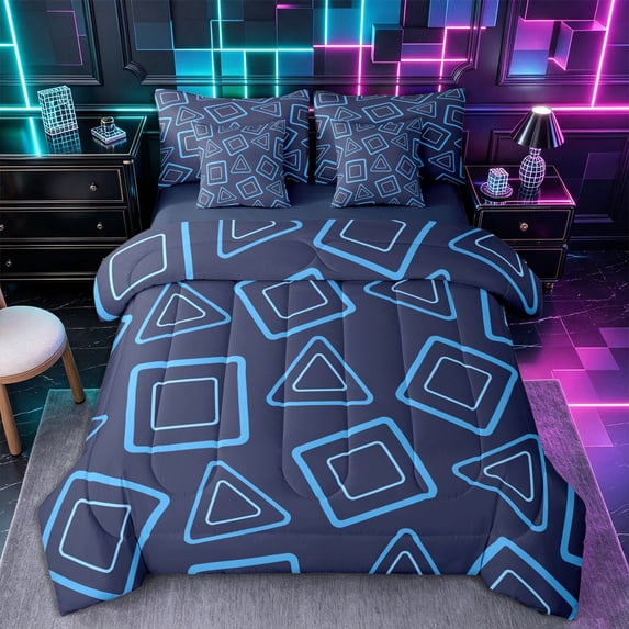 Castle Fairy Minimalism Outlined Shape Full Size Bedding Sets 7 Pieces,Abstract Triangle Border Full Size Bed in a Bag,Sky Blue Navy,Reversible